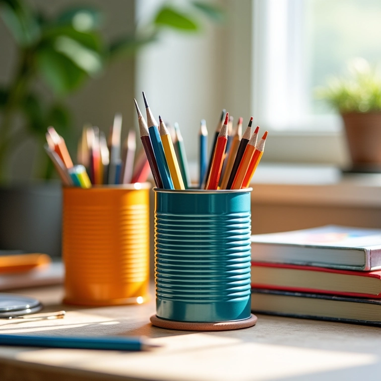 Mesa organizada com porta-lápis de lata coloridos e materiais de arte.