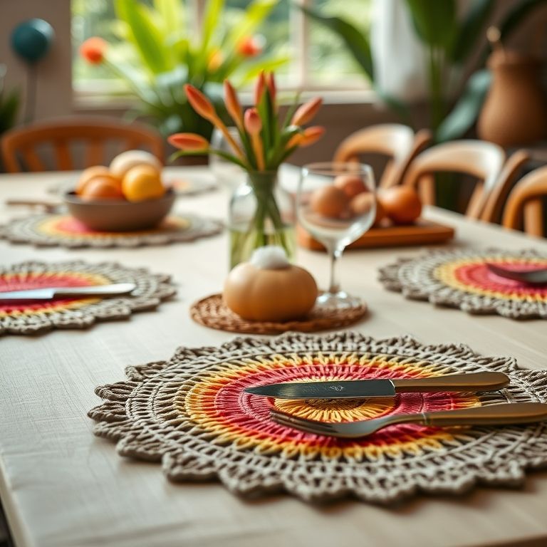Sousplat de crochê: a mesa posta dos seus sonhos Mesa posta com sousplats de crochê coloridos, estilo Farm Rio.