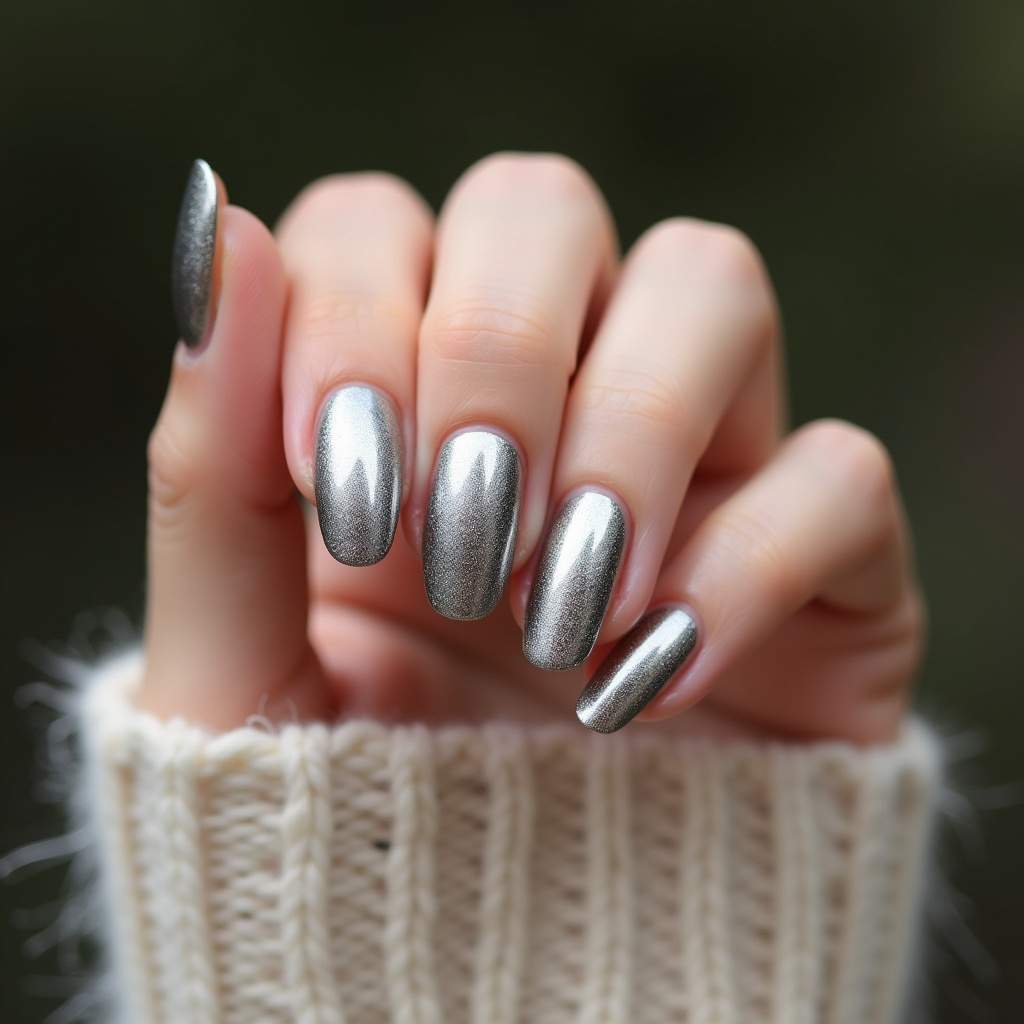 Metallic silver nail polish on a woman's hand, professional photography, 8K quality, sharp focus, Unha metalizada prata.