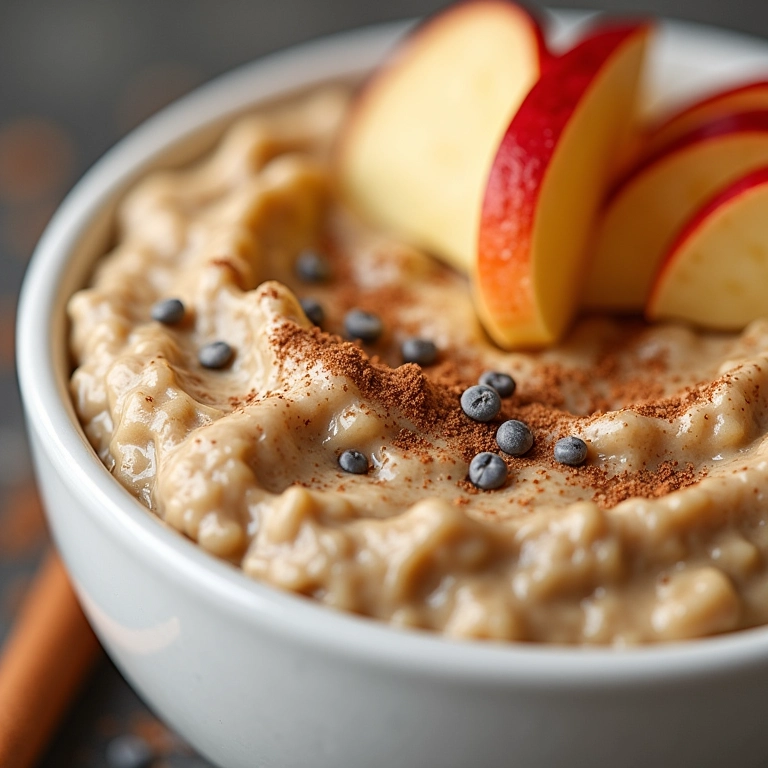 Mingau de aveia cremoso com canela e maçã, um clássico reconfortante para começar o dia.