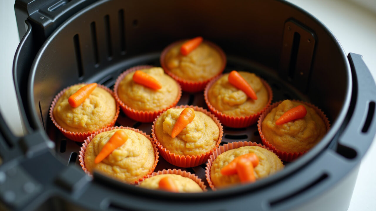Mini carrot cakes for babies in silicone cupcake molds inside an air fryer, natural light, 8k, Mini bolos de cenoura para bebê na airfryer.