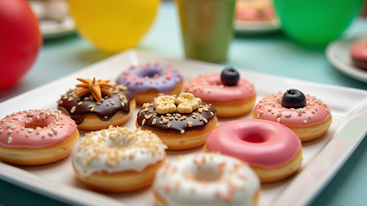 Mini donuts, assorted toppings, party setting, colorful, fun, 8K, professional photography, sharp Mini donuts para festas e eventos.