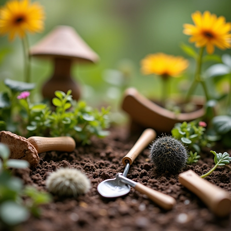 Mini ferramentas e acessórios em jardim de fadas.