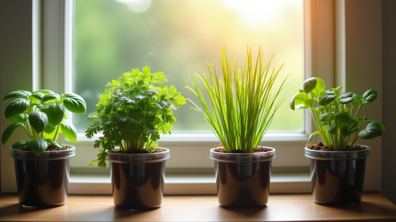 Mini herb garden in PET bottle containers, sunny kitchen window, basil, parsley, chives, natural Mini horta em vasos de garrafa PET na janela da cozinha.