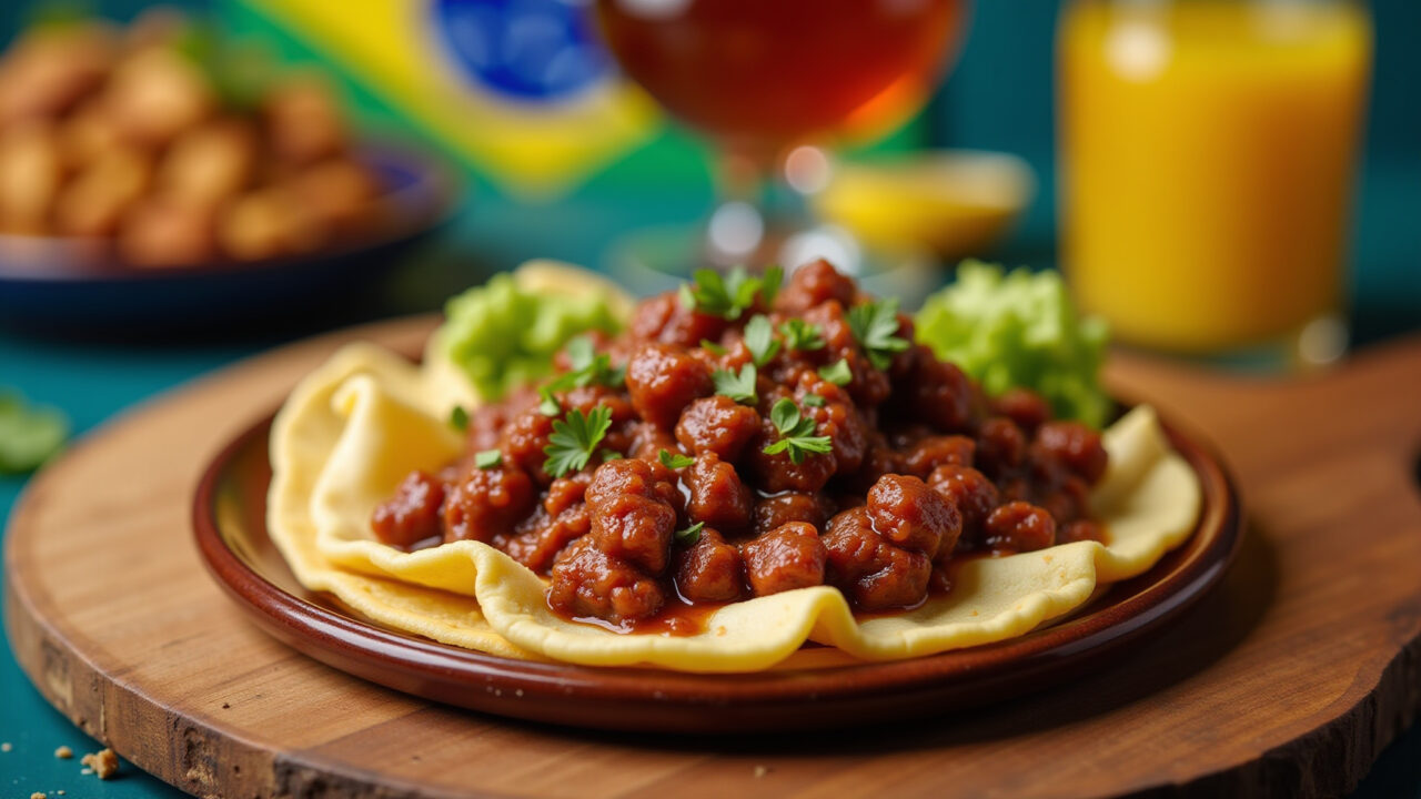 Mini kibe recheado with carne seca desfiada, close-up, party table setting, Brazilian flag, vibrant Mini kibe recheado com carne seca desfiada, petisco brasileiro.