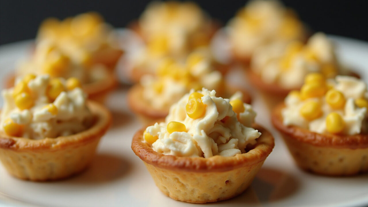 Mini pies filled with shredded chicken, cream cheese, corn, golden crust, Brazilian party setting, Pasteizinhos de frango desfiado com requeijão e milho.