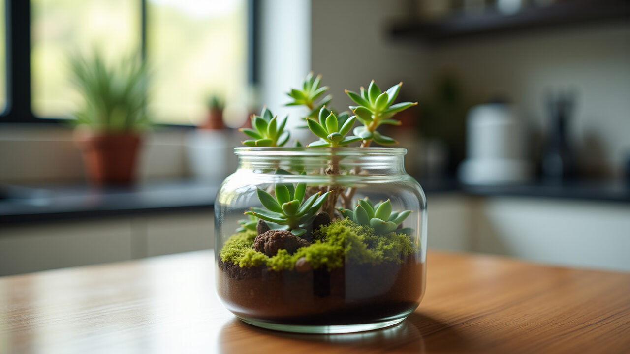 Mini terrarium in glass jar, succulents, cacti, moss, 8K, professional photography, sharp focus, Mini terrário em pote de vidro na cozinha.