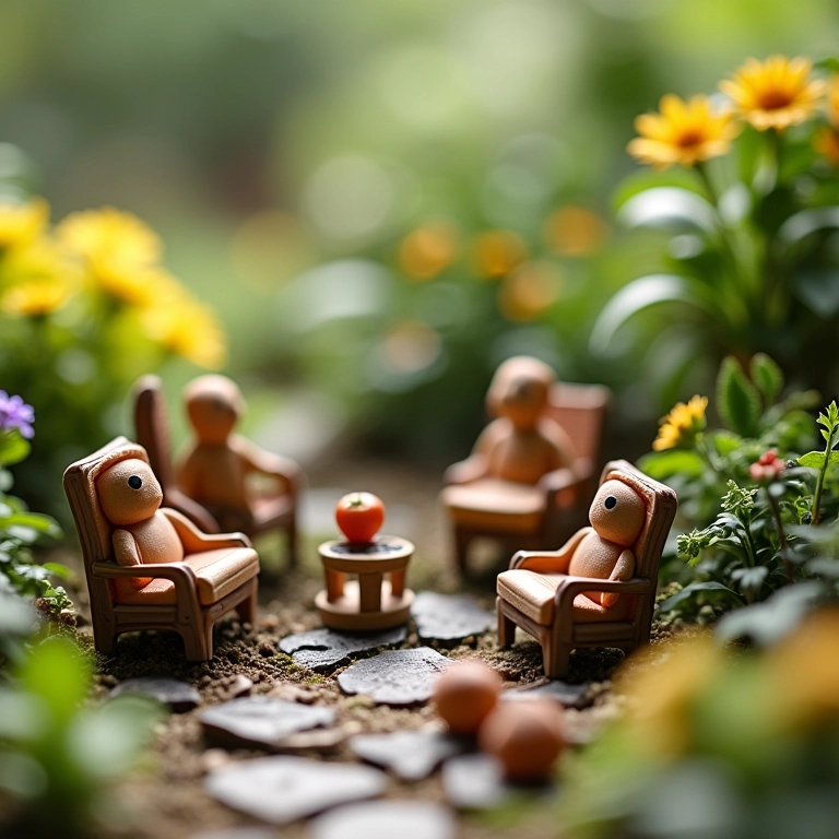 Miniaturas em jardim de fadas contando histórias.