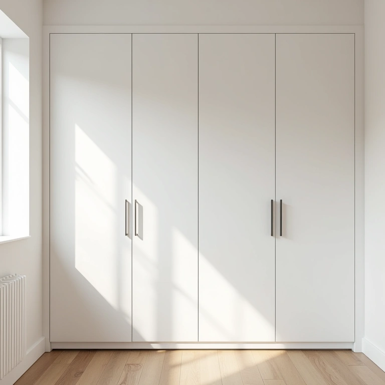 Minimalist bedroom design with white MDF wardrobe, natural light, clean lines, neutral colors, Quarto minimalista com guarda-roupa MDF branco montável.