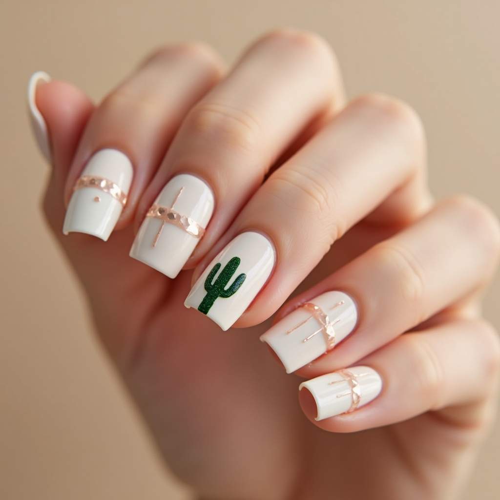 Minimalist cactus nail art, nude background, close-up, elegant, professional photography, 8K Unha decorada cactos minimalista em fundo nude.