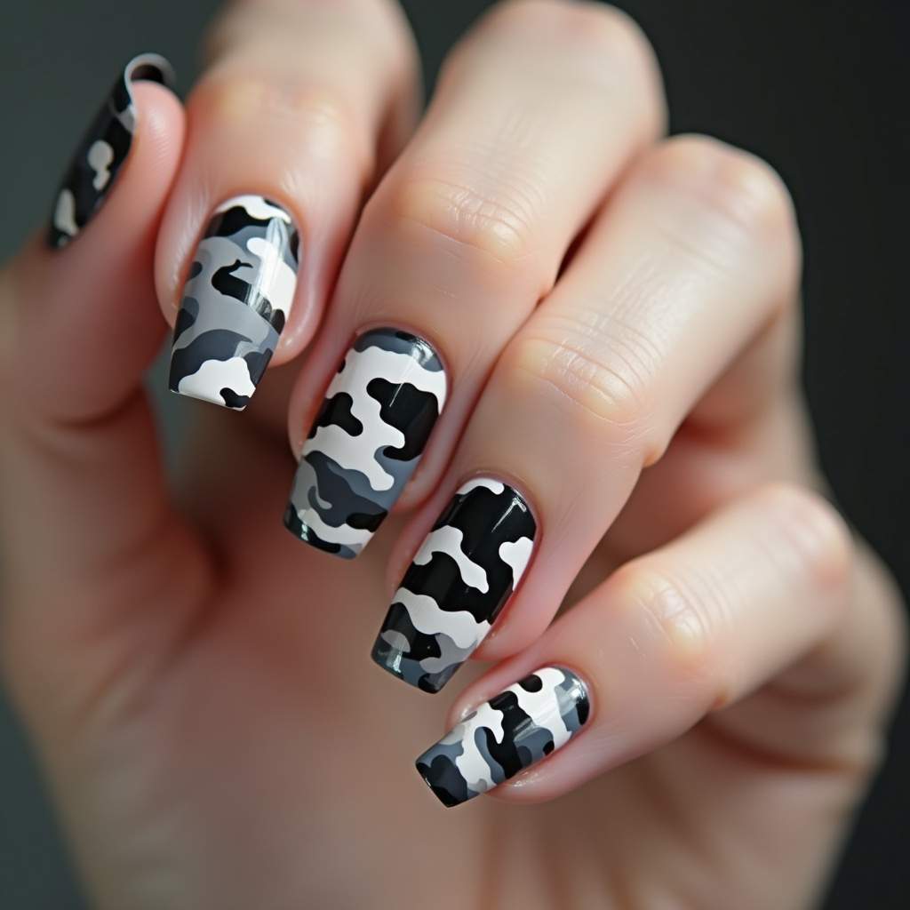 Minimalist camouflage nail art, clean design, modern style, professional photography, 8K quality, Unha camuflada minimalista clean e moderna.