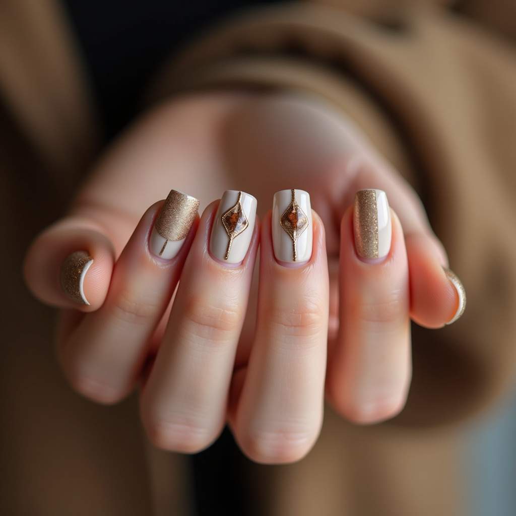 Minimalist coffee nail art on woman's hand, nude base, brown details, elegant style, professional Unha minimalista café chique.