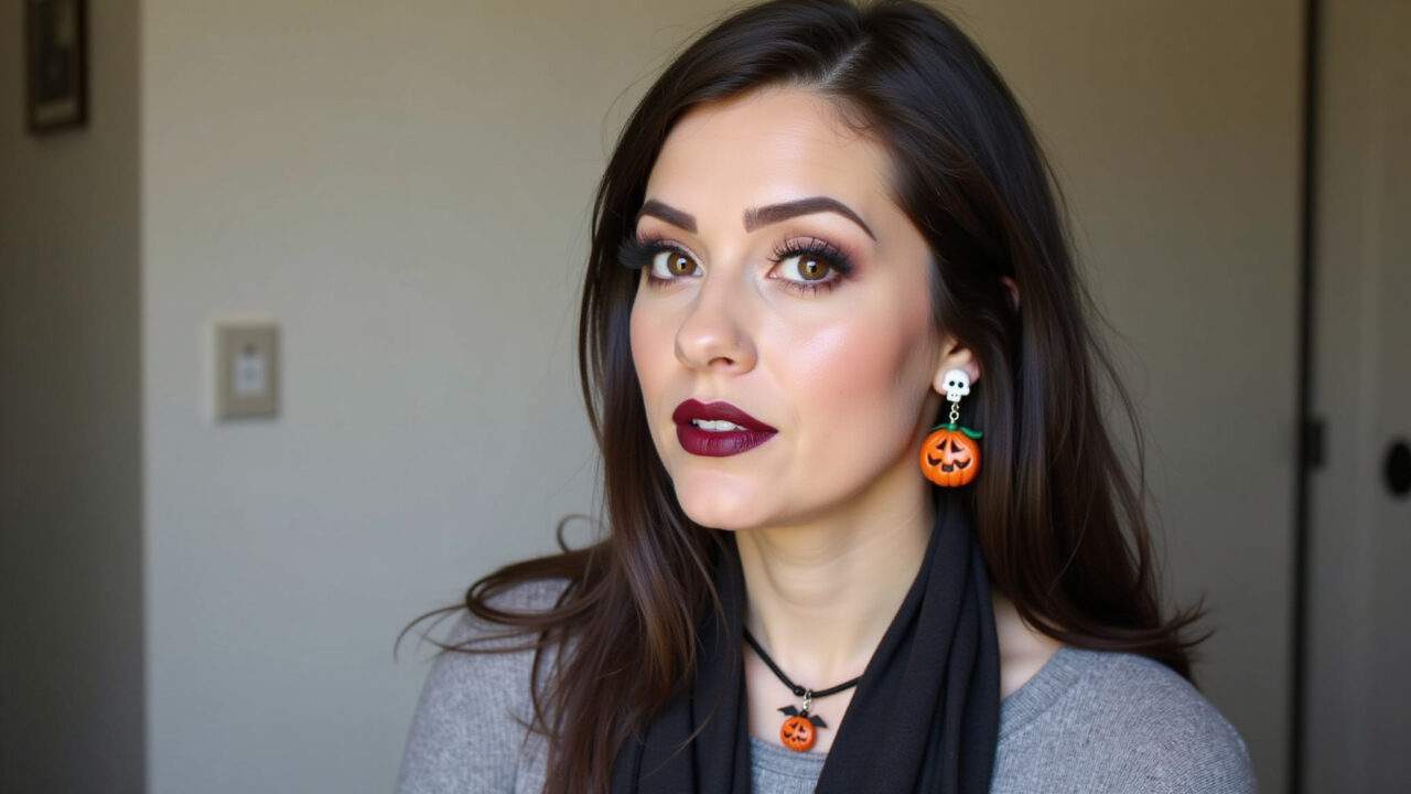 Minimalist Halloween look, basic clothes, pumpkin necklace, bat earrings, skull scarf, simple Look minimalista de Halloween: colar de abóbora e roupas básicas.