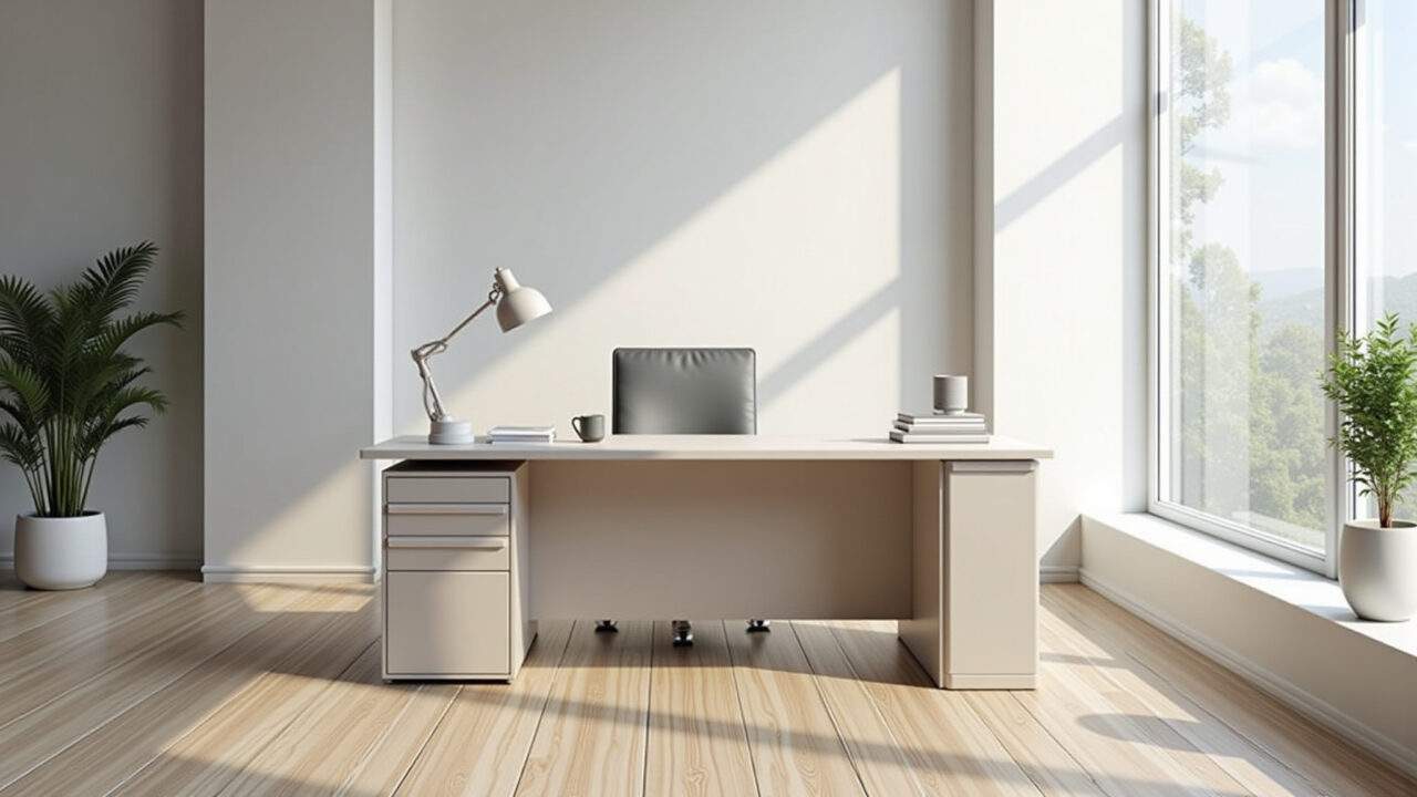 Minimalist modern office, clean desk, neutral colors, simple design, organized space, natural Escritório moderno e minimalista com design clean e organização impecável.