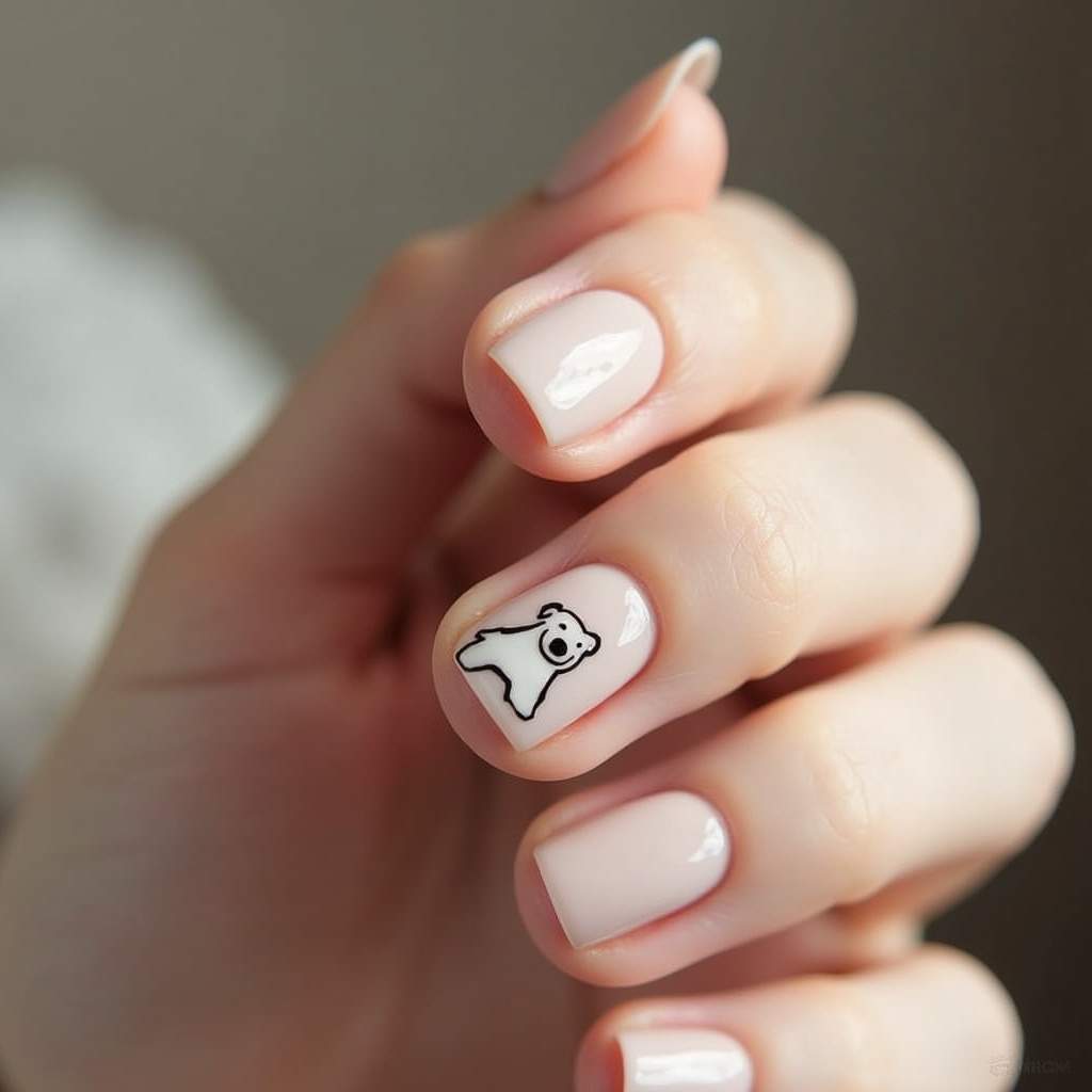 Minimalist nail art with a small dog outline, neutral colors, elegant design, natural lighting, 8K Unhas minimalistas com contorno de cachorro.
