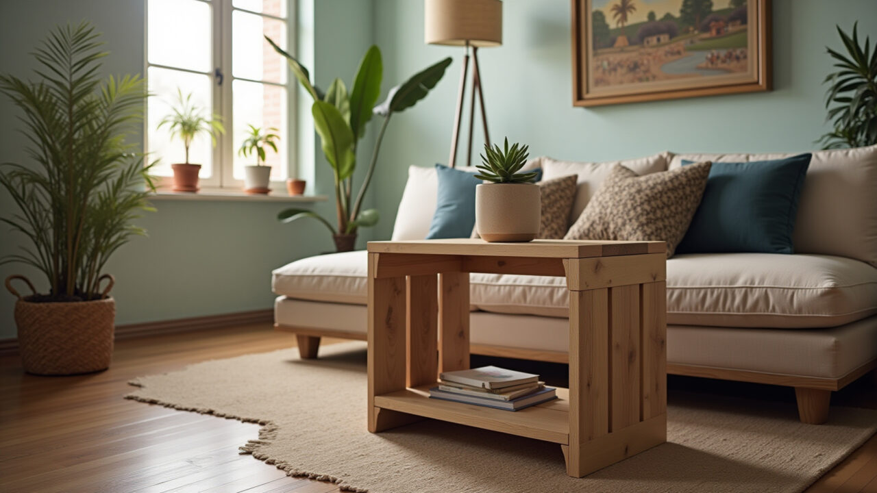 Minimalist pallet side table, charming living room, Brazilian decor, natural light, commercial Mesa lateral minimalista feita de paletes.