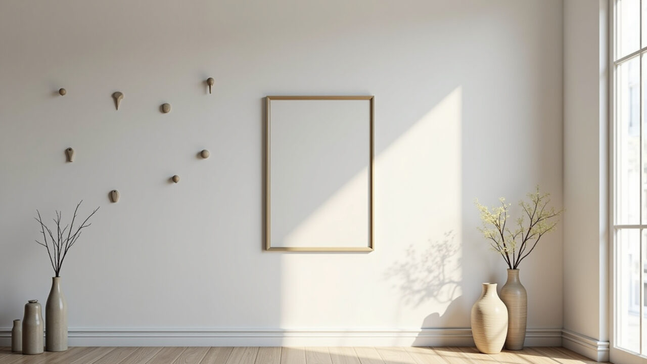 Minimalist wall art, simple sculptures, neutral vases, curated decor, decluttered space, natural Detalhes decorativos minimalistas em ambiente clean.