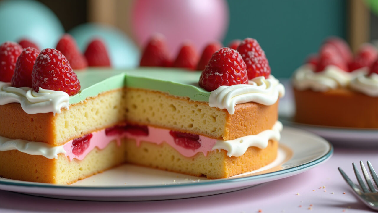 Mixed flavor cake, colorful layers, party setting, 8K quality, sharp focus, lifestyle photography, Bolo misto para festa infantil.