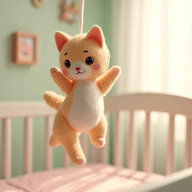 Móbile de gatinhos amigurumi pendurado sobre um berço.