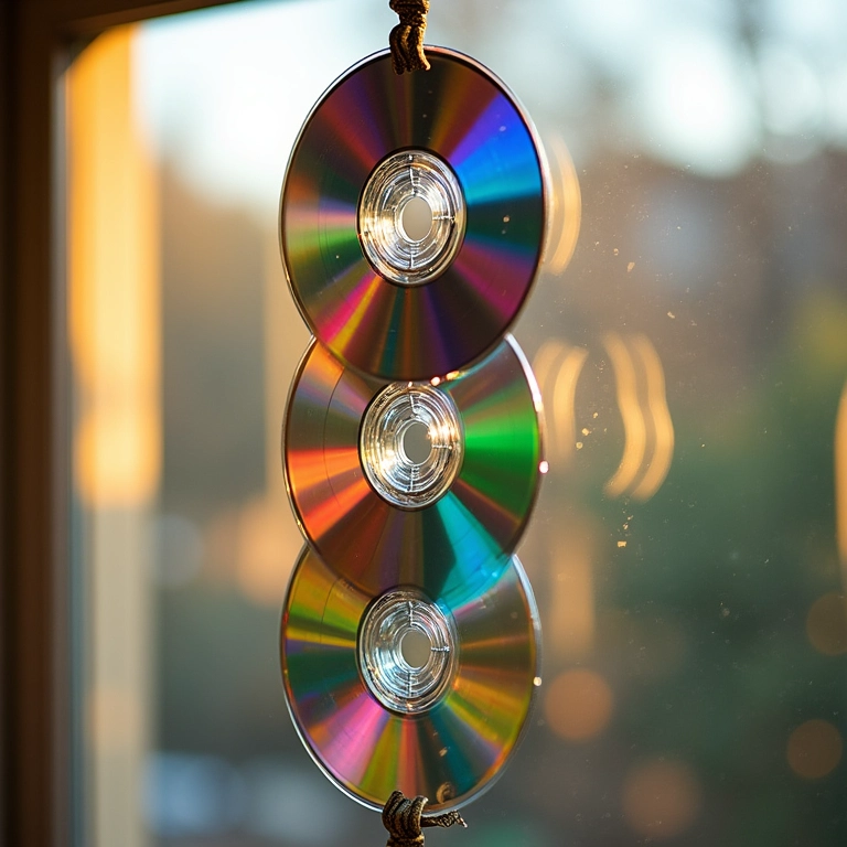 Móbile feito com CDs e DVDs usados, refletindo luz colorida.