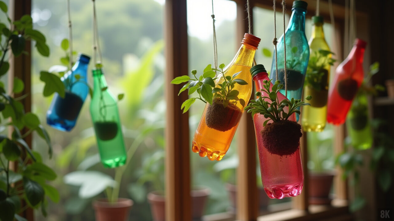 Mobile of PET bottle planters, colorful, hanging garden decor, Brazilian veranda, natural light, Móbile de vasinhos de garrafa PET decorando uma varanda.
