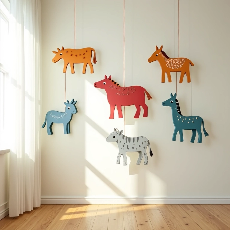 Móbiles decorativos feitos com papelão, pendurados em um quarto.
