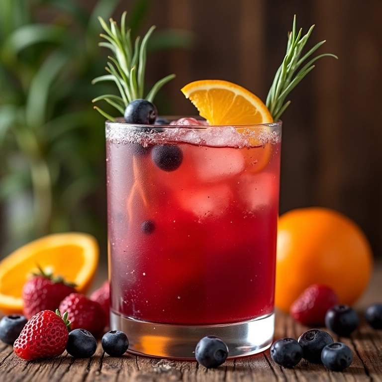 Mocktail de frutas vermelhas com alecrim e laranja decorado com frutas e alecrim.