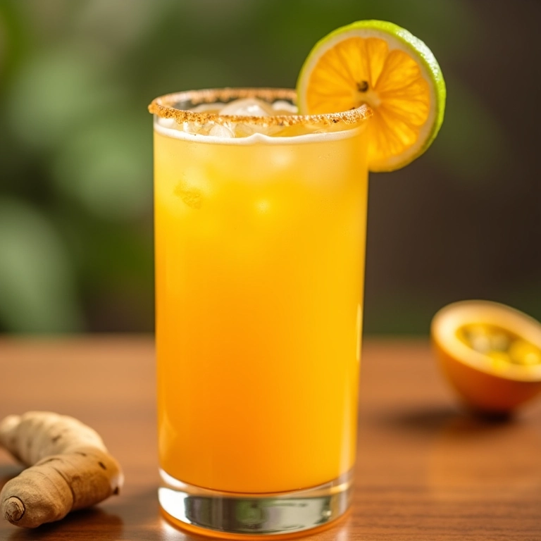 Mocktail de maracujá com gengibre e limão decorado com uma fatia de maracujá.
