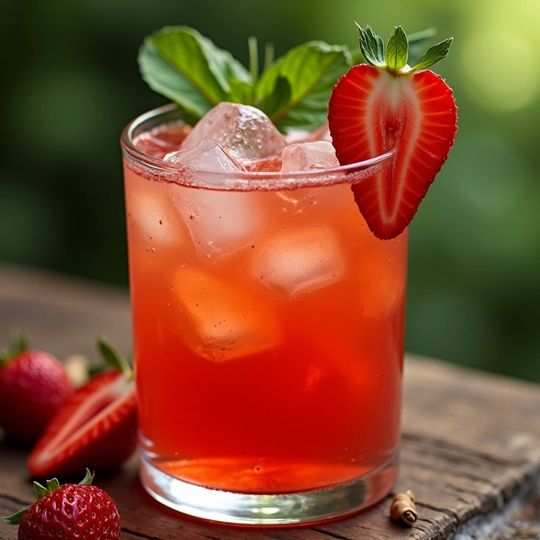 Mocktail de morango com manjericão e gengibre decorado com fatia de morango.