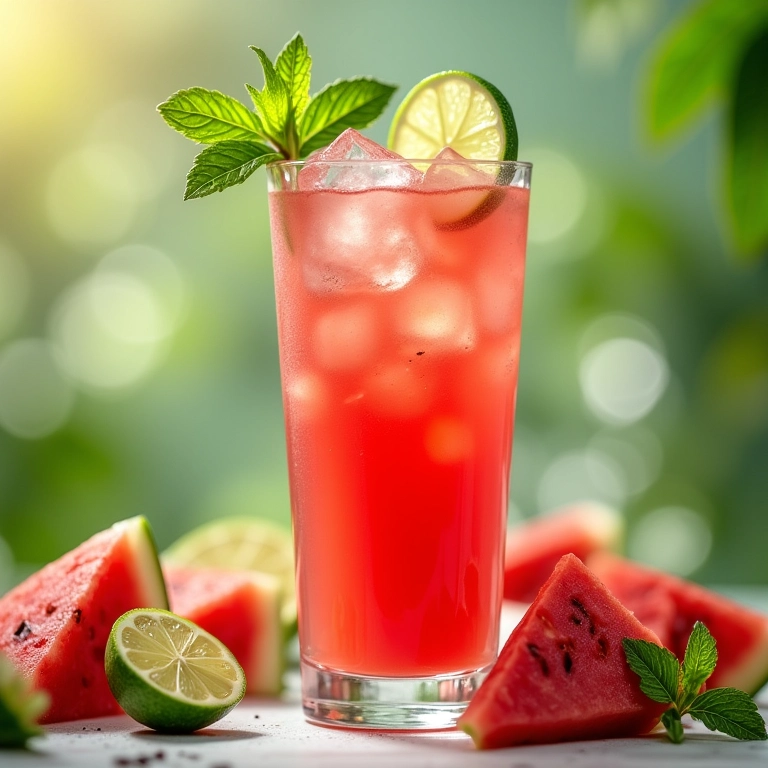 Mocktail refrescante de melancia com limão e hortelã em um copo alto com gelo.