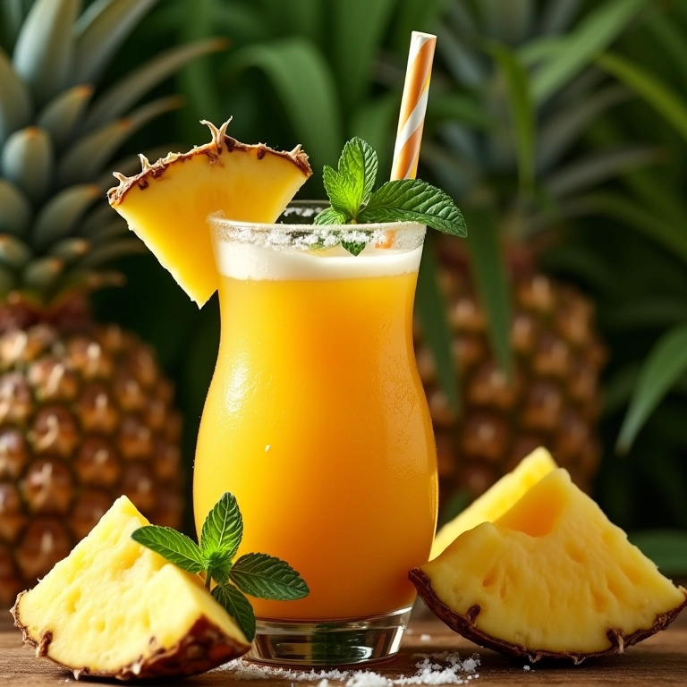 Mocktail tropical de abacaxi com coco e hortelã servido em uma casca de coco.