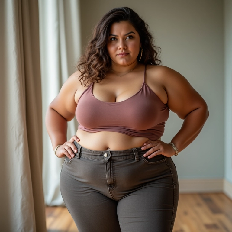 Modelo plus size exibindo look favorecedor, pose confiante.