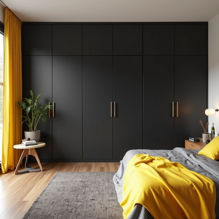 Modern bedroom with black MDF wardrobe, vibrant yellow accents, design objects, commercial Quarto moderno com guarda-roupa MDF preto.