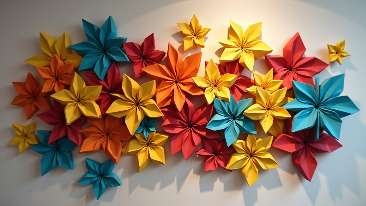 Modern cardboard wall sculpture, geometric shapes, vibrant colors, Brazilian art, professional Escultura de parede feita com papelão e formas geométricas.