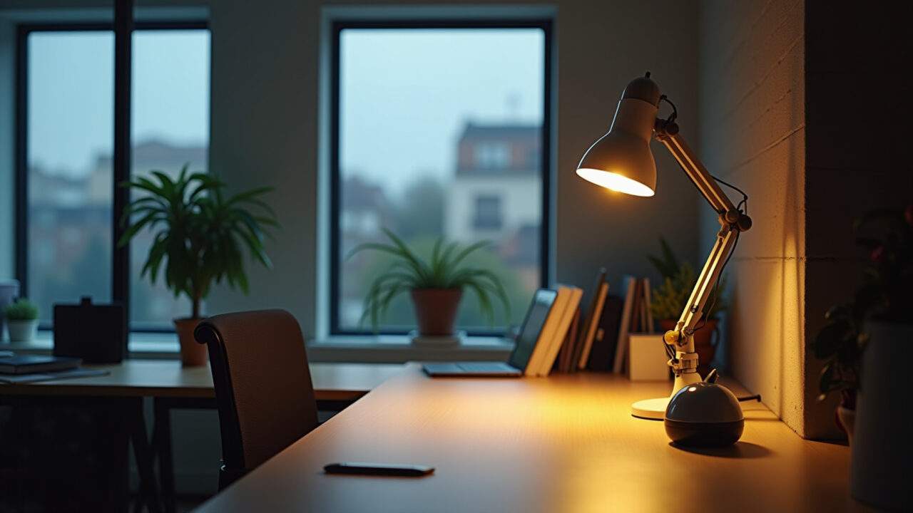 Modern office lighting, desk lamp, natural light, warm light, task lighting, ergonomic setup, Escritório moderno com iluminação adequada para cada tarefa.