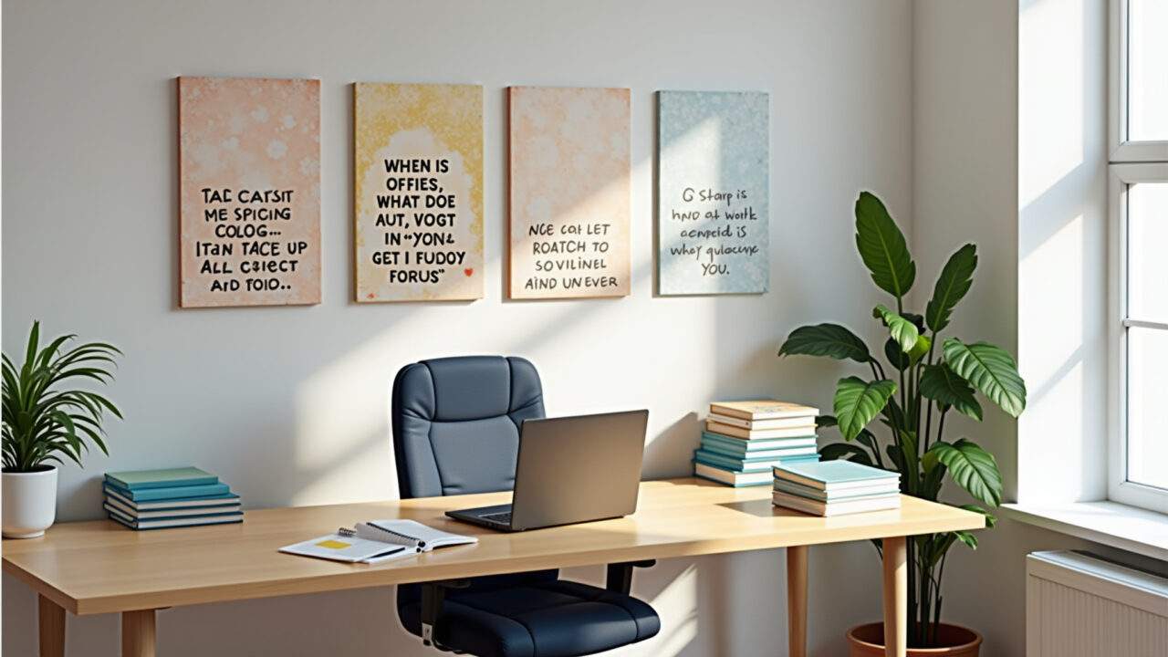 Modern office with art, inspiring quotes, colorful paintings, desk with laptop, creative workspace, Escritório moderno com quadros que inspiram e motivam.
