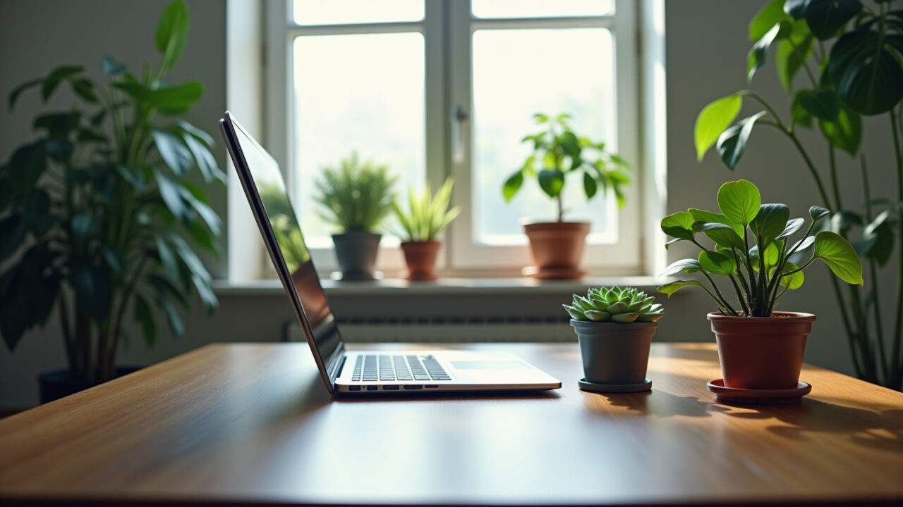Modern office with plants, succulents, natural light, green decor, desk with laptop, lifestyle Escritório moderno com plantas que trazem vida e frescor ao ambiente.