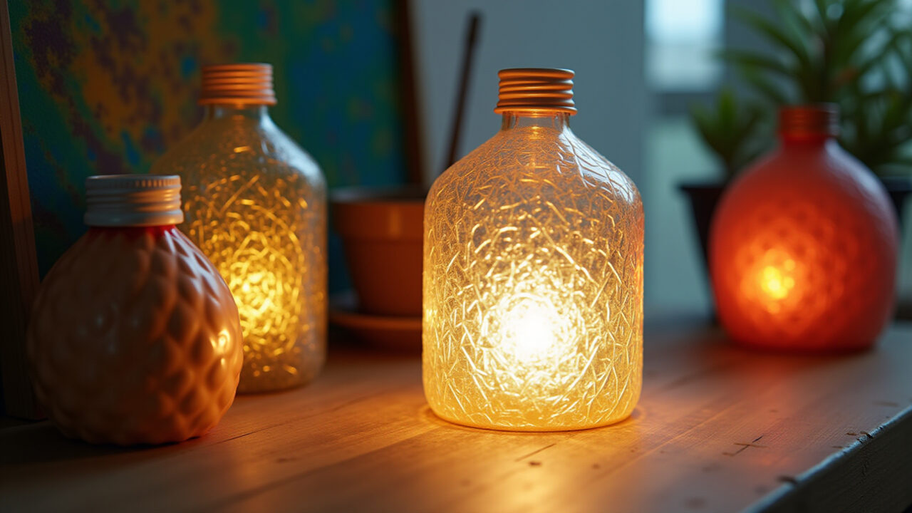 Modern PET bottle lamp, geometric shapes, colorful spray paint, Brazilian design, natural light, 8K Luminária PET geométrica, design moderno e cores vibrantes.