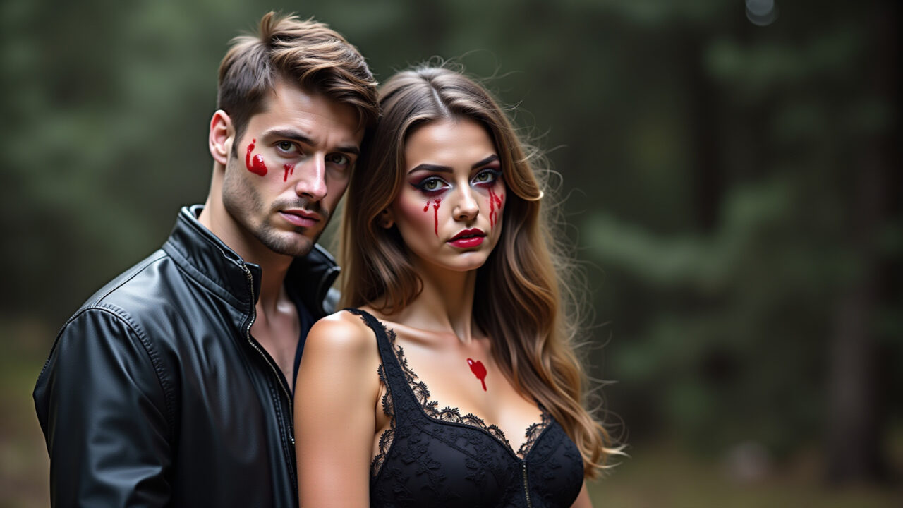 Modern Romeo and Juliet Halloween couple costume, leather jacket, lace dress, subtle fake blood, Fantasia de Halloween: Romeu e Julieta moderno com jaqueta de couro e vestido de renda.
