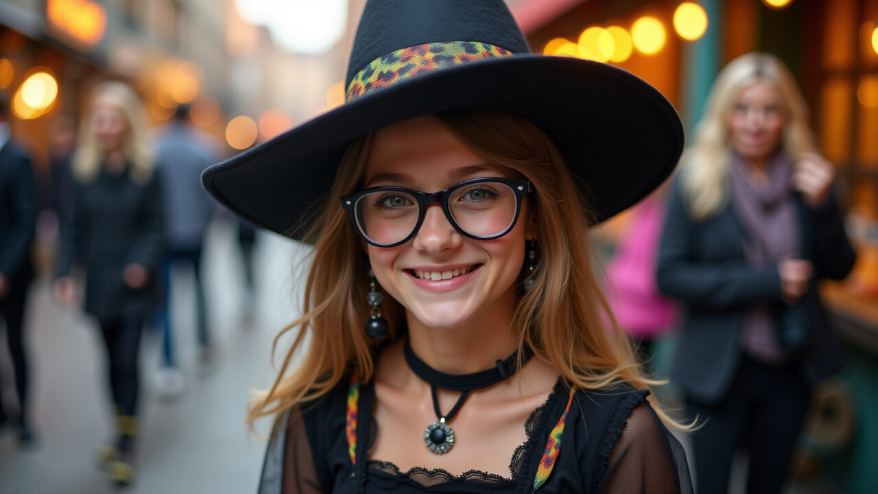 Modern witch costume, stylish hat, striped socks, colorful accessories, Halloween party, natural Bruxa moderna com chapéu estiloso para Halloween.