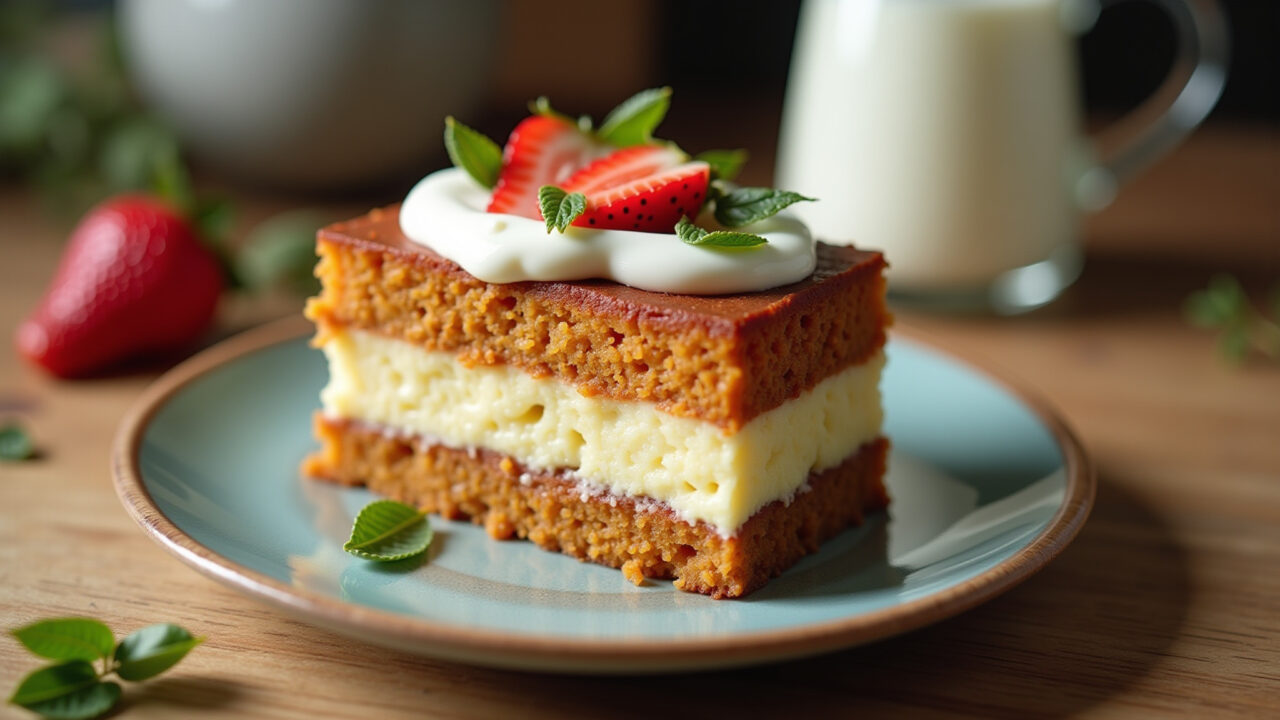 Moist cake with natural yogurt, Farm Rio style kitchen, Brazilian design elements. Natural Bolo macio com iogurte natural, cozinha vibrante estilo Farm Rio.