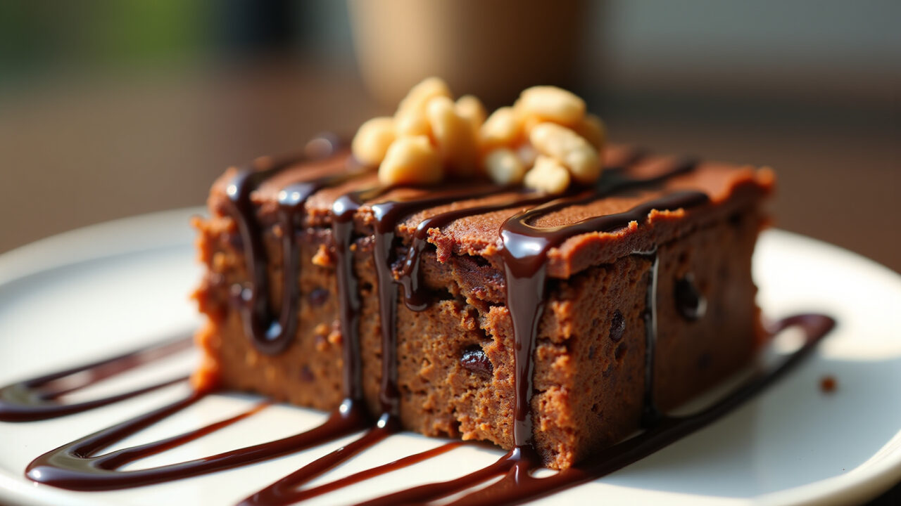 Moist sweet potato brownie, chocolate drizzle, walnuts, natural light, 8K quality, sharp focus, Brownie úmido de batata doce com nozes.