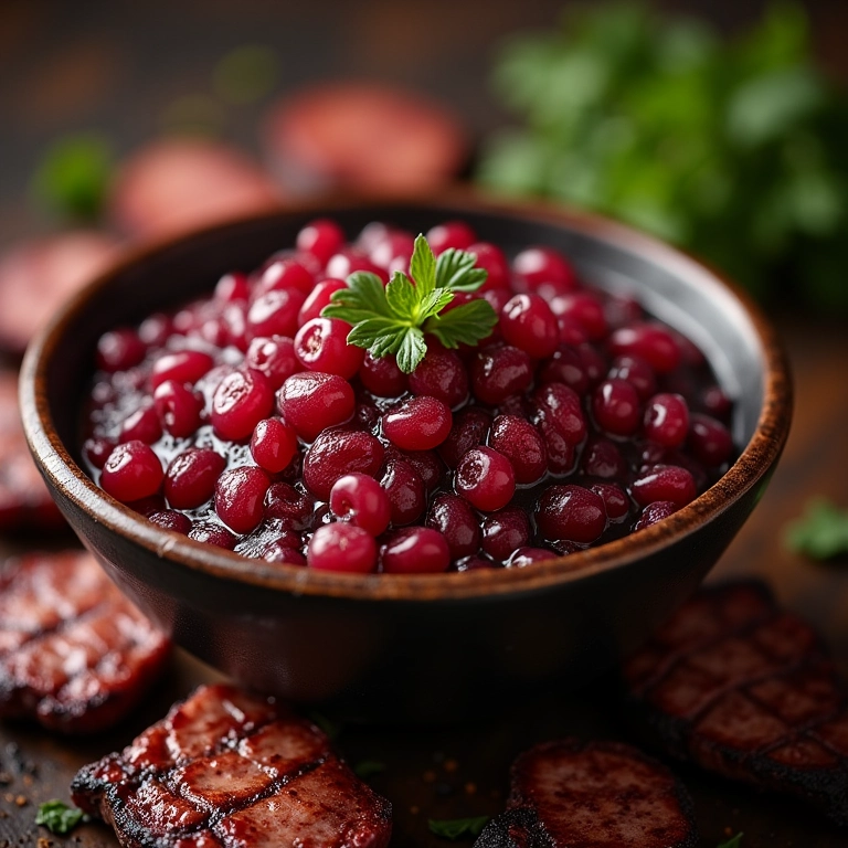 Molho agridoce de jabuticaba derramado sobre carne grelhada.