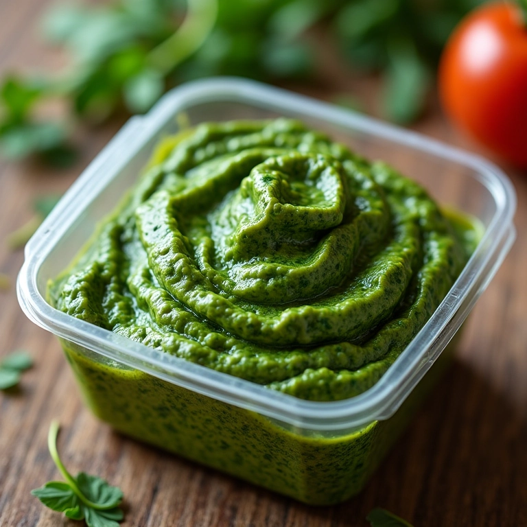 Molho pesto congelado em um recipiente.