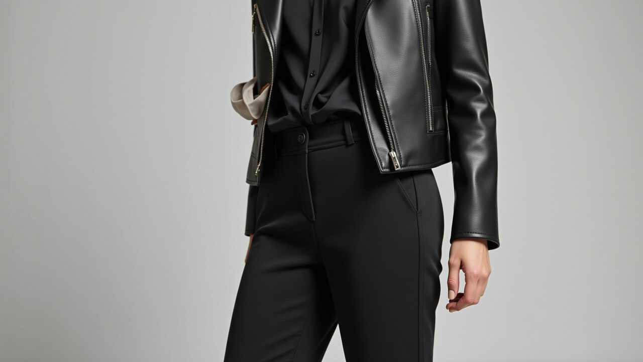 Monochromatic black outfit, leather jacket, silk blouse, tailored pants, studio shot, commercial Look monocromático preto com jaqueta de couro, blusa de seda e calça de alfaiataria.