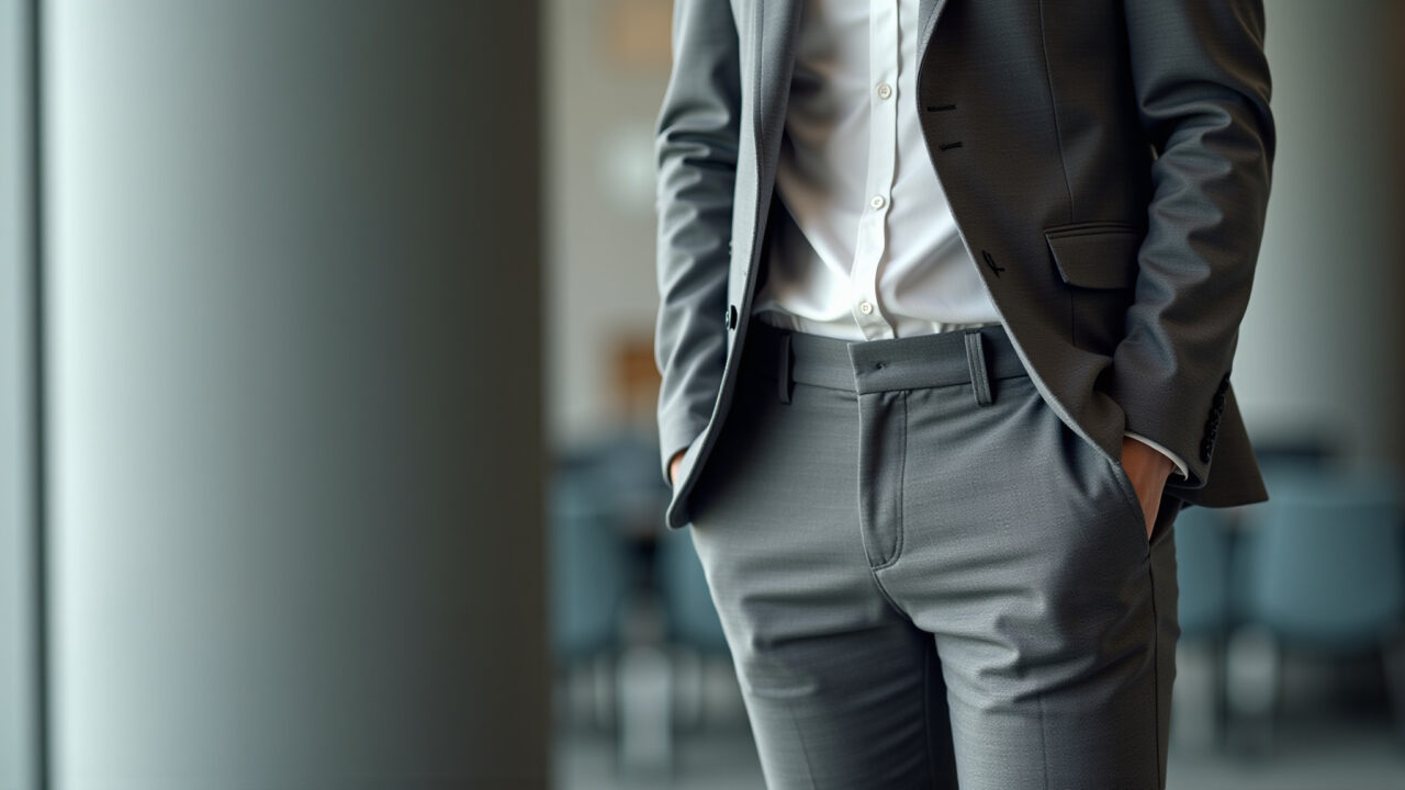 Monochromatic gray work outfit, blazer, straight cut pants, office setting, commercial photography, Look monocromático cinza para o trabalho com blazer e calça de corte reto.