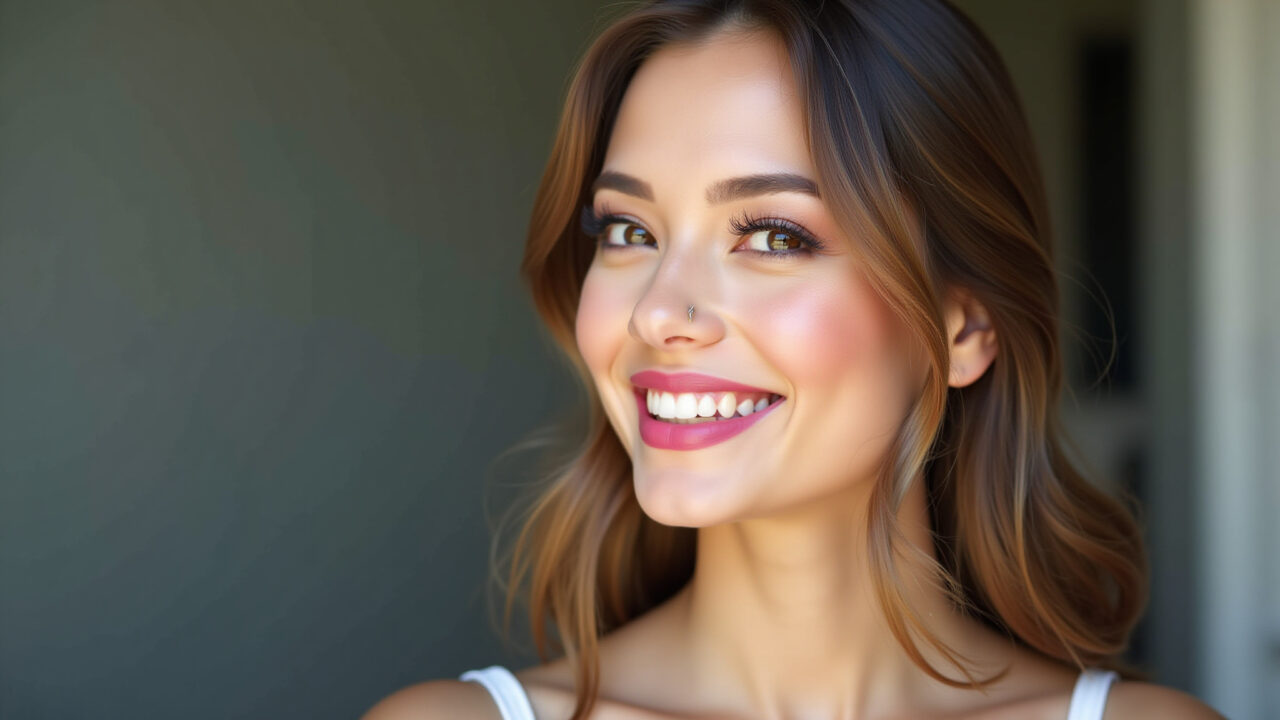 Monochromatic makeup with pink lipstick, woman smiling, natural light, close-up shot, commercial Maquiagem monocromática com batom rosa e mulher sorrindo.