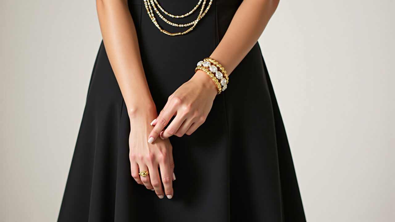 Monochromatic outfit with golden necklace, black dress, elegant style, studio shot, commercial Look monocromático com colar dourado e vestido preto elegante.