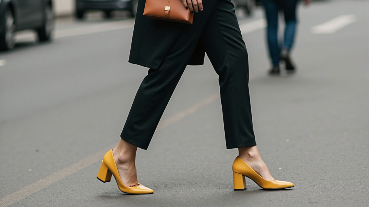 Monochromatic outfit with matching color shoes, stylish woman, street style, lifestyle photography, Look monocromático com sapatos da mesma cor, mulher estilosa em cenário urbano.