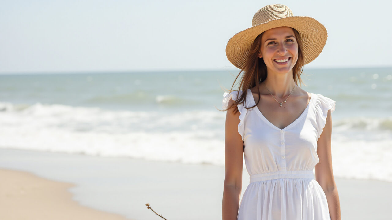 Monochromatic white summer outfit, linen dress, straw hat, beach setting, lifestyle photography, 8K Look monocromático branco de verão com vestido de linho e chapéu de palha.